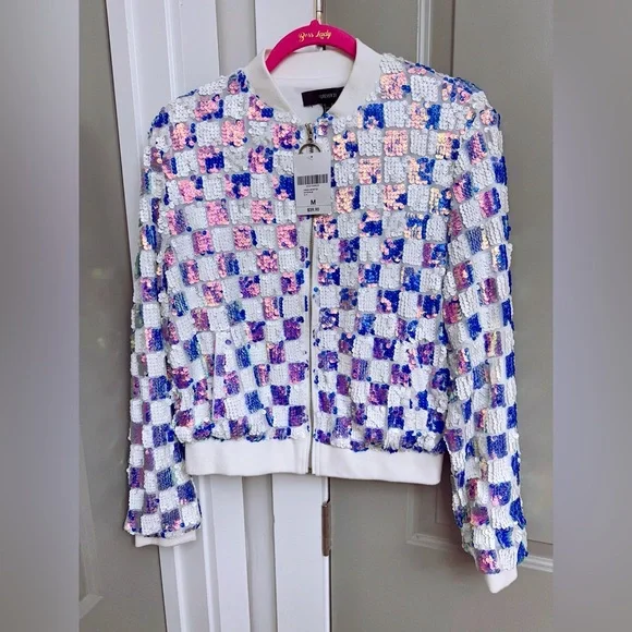 Forever 21 Sequin Checkered Bomber Jacket Size Medium NWT - Picture 3 of 3